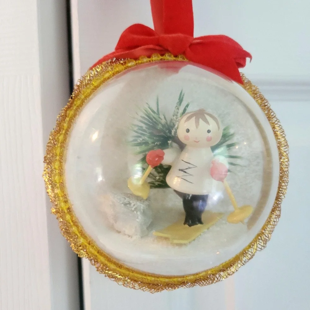 Vintage Christmas Diorama Ornament Clear Plastic Ball Wooden Skier Figurine Snow